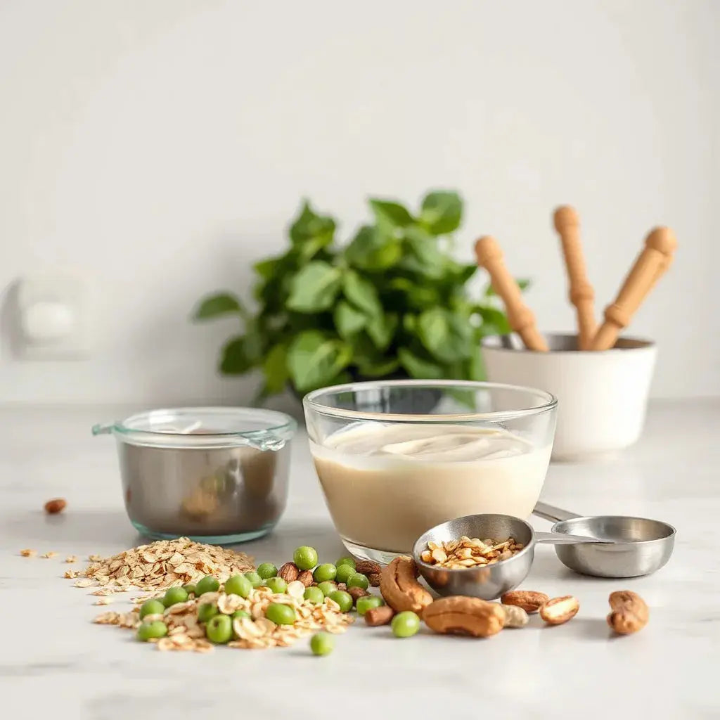 Measuring scoop and bowl of plant-based protein powder with whole-food ingredients on a kitchen counter