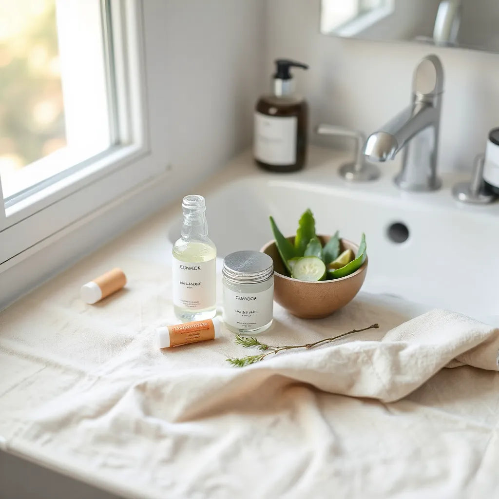 Organic skincare products and natural botanicals arranged on a clean vanity