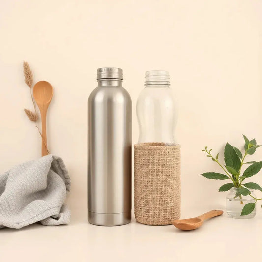 Reusable stainless steel and glass water bottles with a natural-fiber sleeve on a clean tabletop