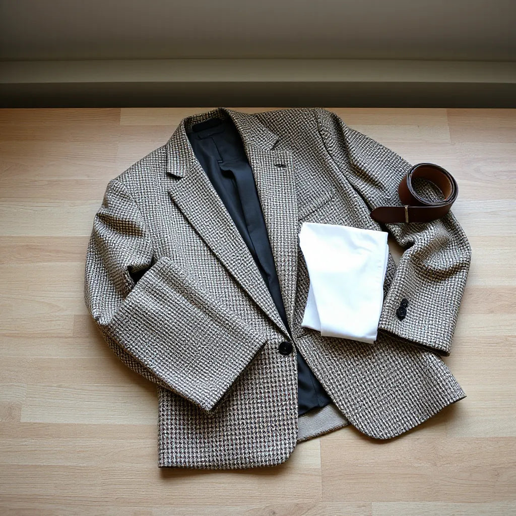 Brown houndstooth blazer with a white shirt and leather accessories on a wooden surface