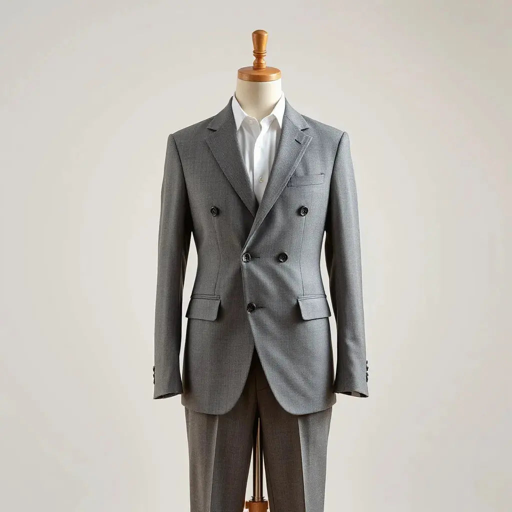 Tailored double-breasted suit jacket and trousers on a mannequin with visible lapels and buttons