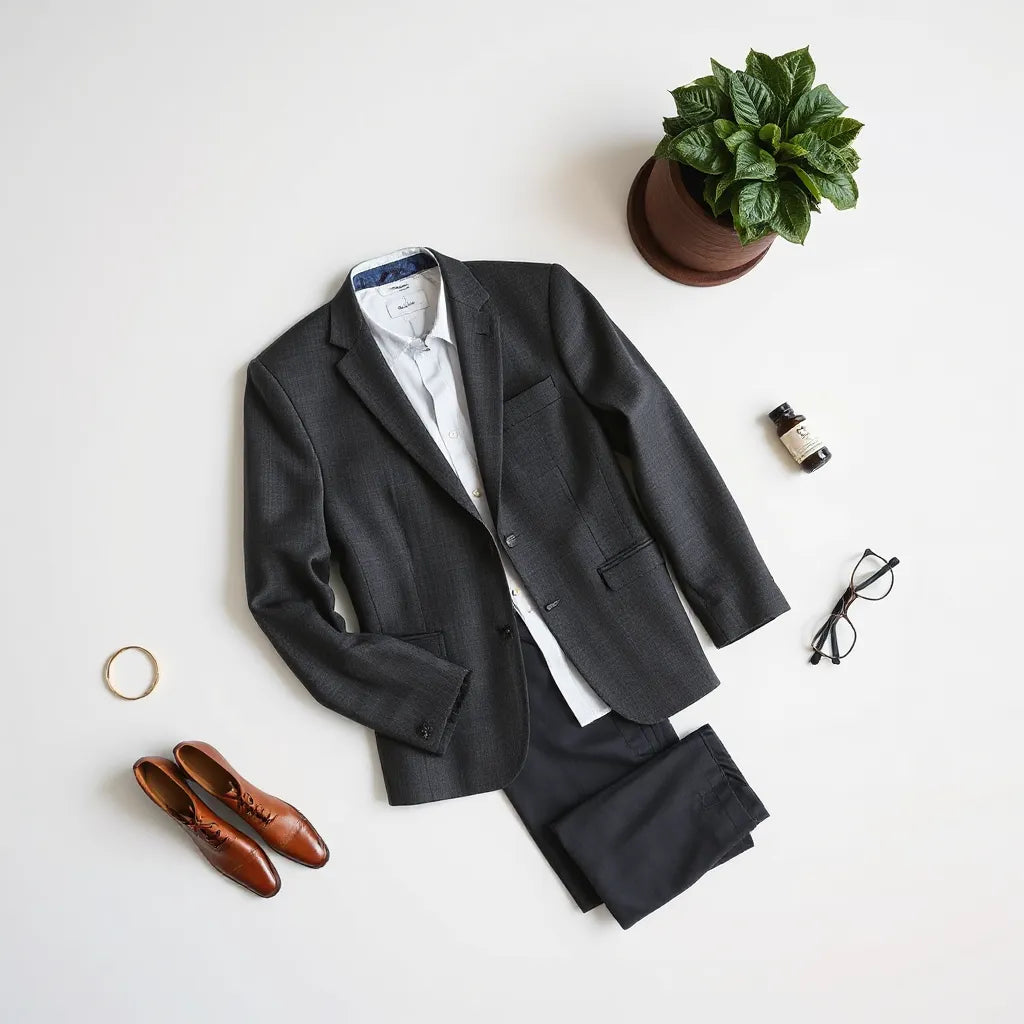 Tailored slim fit men’s blazer with structured lapels and paired shirt on a clean neutral background