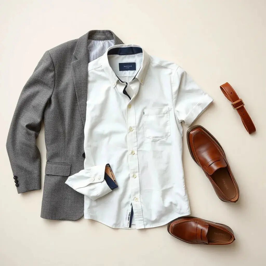 Neatly styled Italian-inspired dress shirt with tailored blazer and trousers on a light background