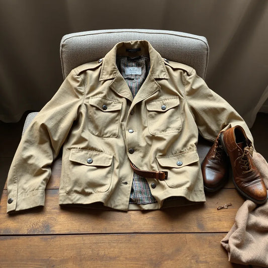 Men's vintage safari jacket with visible pockets and belt, styled with boots and a scarf on a wooden table
