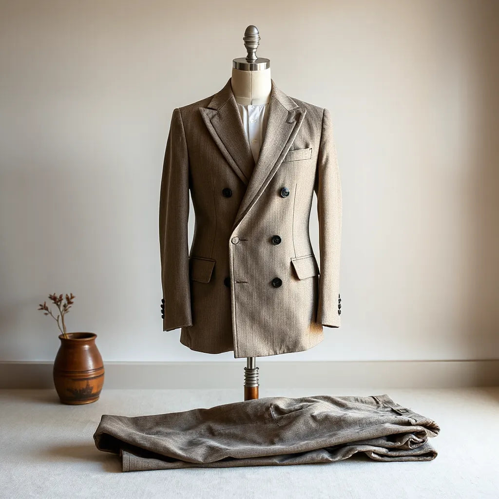 Mannequin wearing a well-fitted double-breasted suit jacket with matching trousers in a minimal studio setting