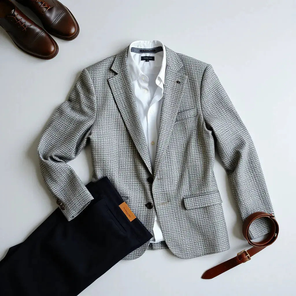 Grey houndstooth blazer with white shirt and dark trousers arranged on a neutral background
