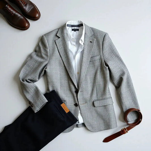Grey houndstooth blazer with white shirt and dark trousers arranged on a neutral background