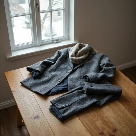 Tailored winter suit jacket and trousers with a wool overcoat, scarf, and gloves on a wooden table