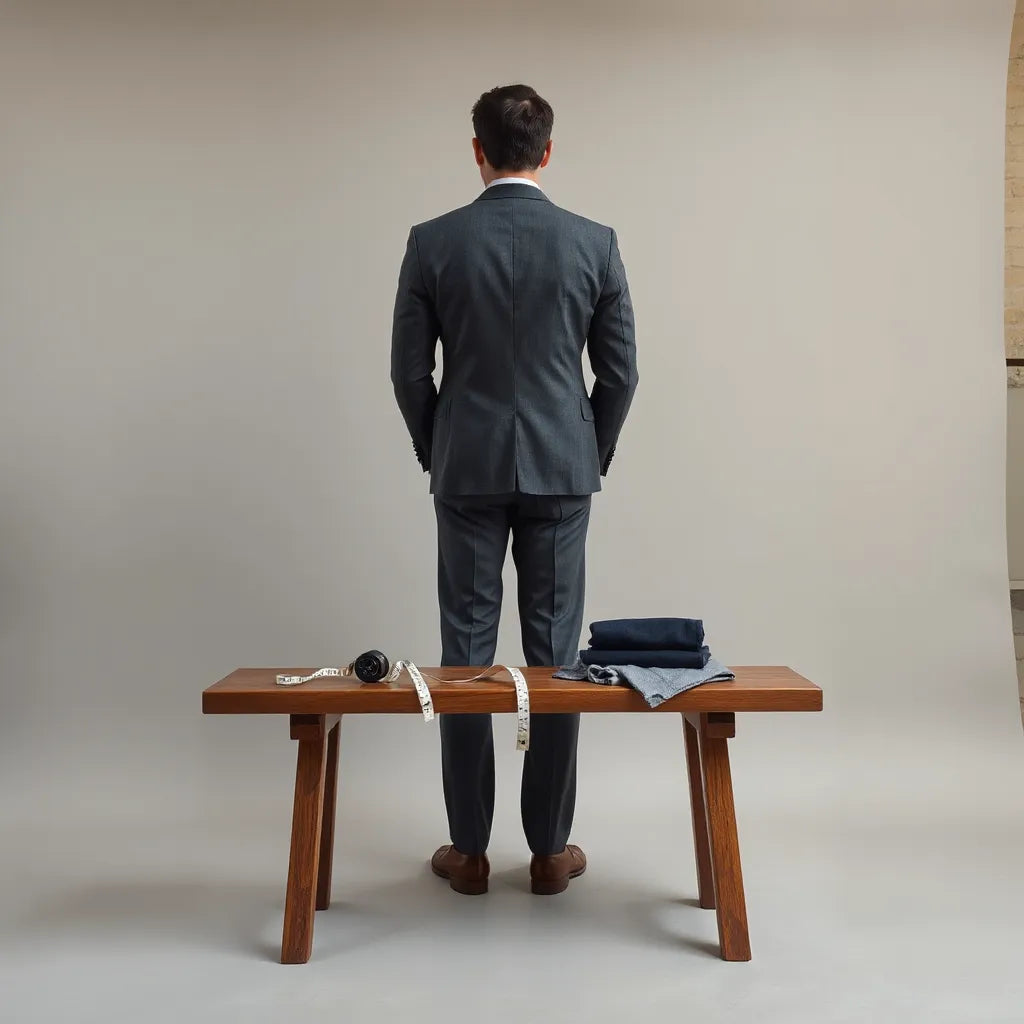 A well-fitted tailored suit with measuring tape and fabric swatches on a minimalist bench