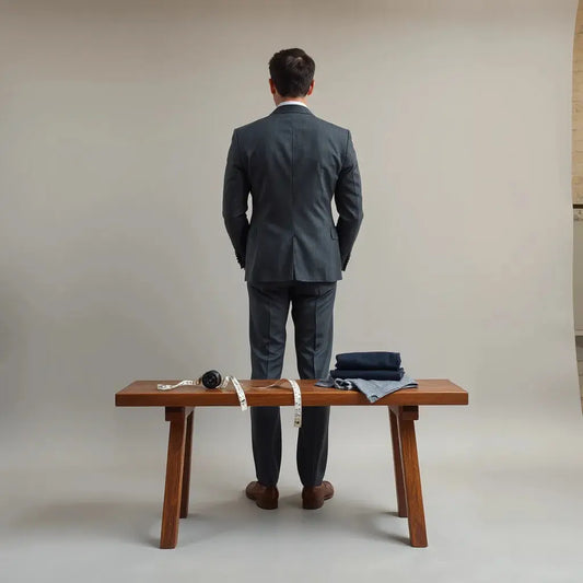 A well-fitted tailored suit with measuring tape and fabric swatches on a minimalist bench