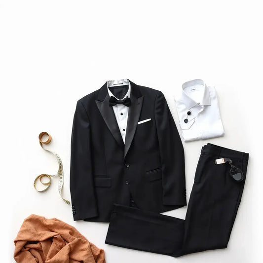 Black custom-fit tuxedo with bow tie and shirt laid out neatly beside tape measure and fabric swatches