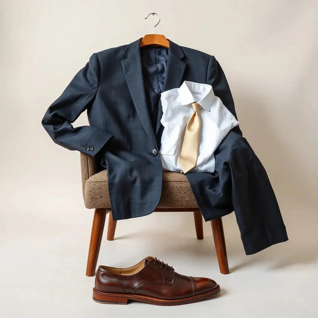 Tailored suit, dress shirt, tie, belt, and polished leather shoes arranged for a formal look