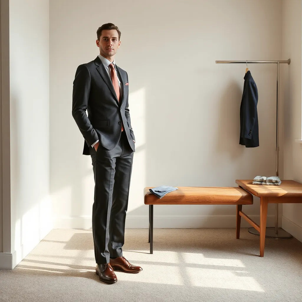 Man wearing a tailored luxury suit with crisp shirt and tie in a bright minimalist dressing room