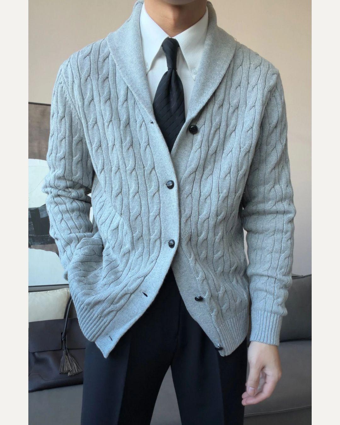 Men’s Cotton Shawl Collar Cable Knit Cardigan