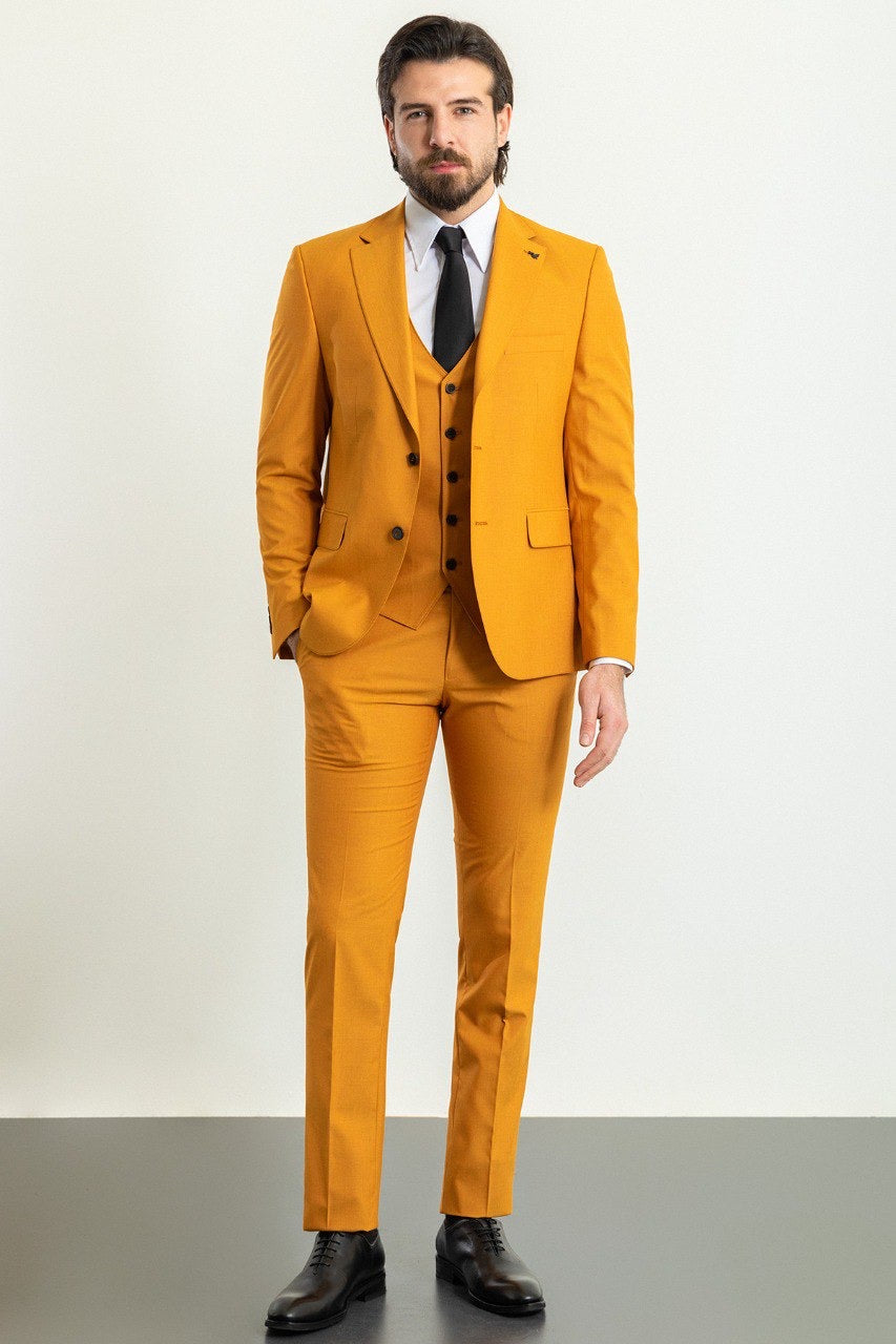 Brabion Elio Mustard Slim Fit Notch Lapel 3 Piece Suit