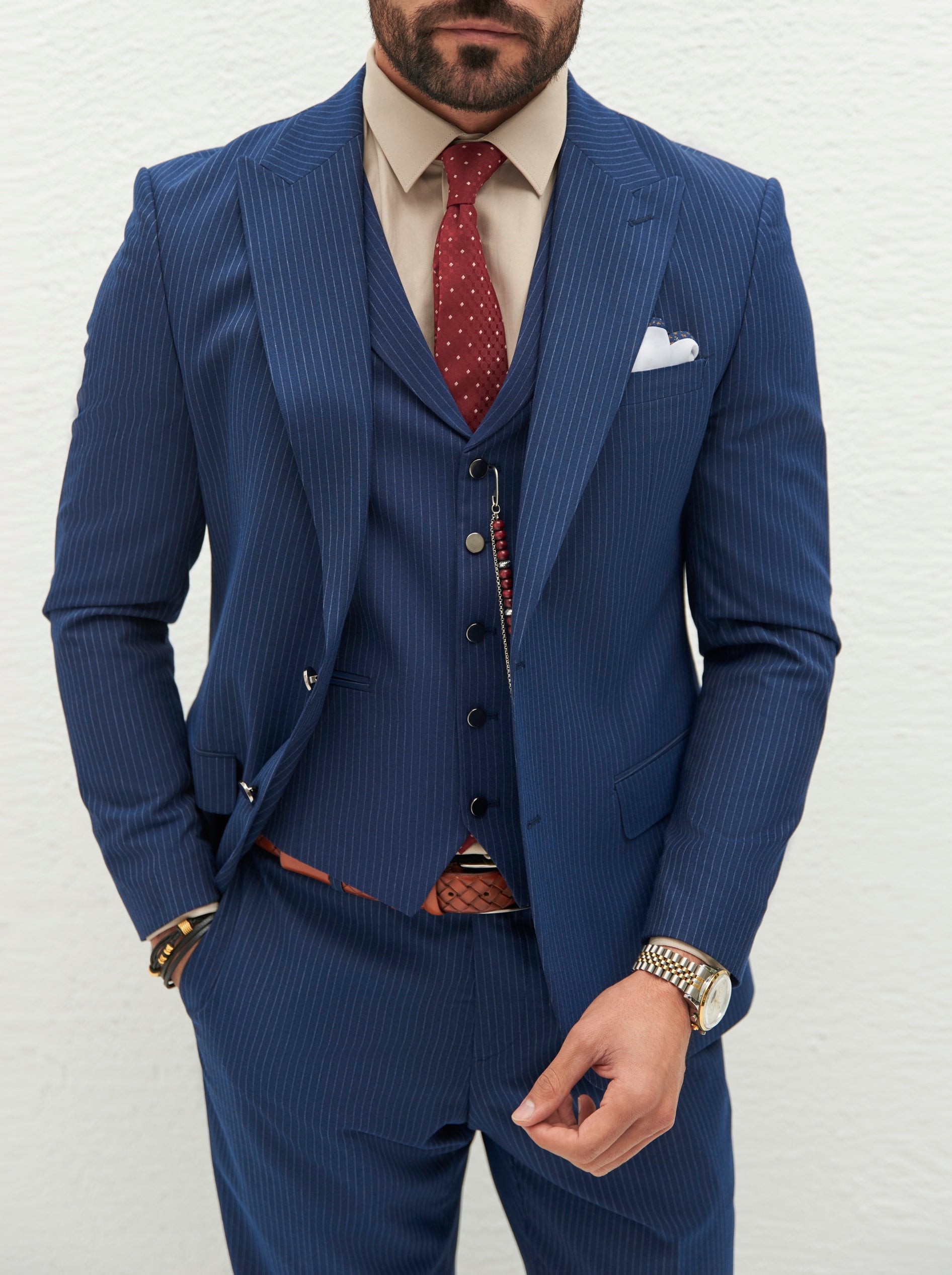 Navy Striped Slim-Fit Suit 3-Piece VIOSSI