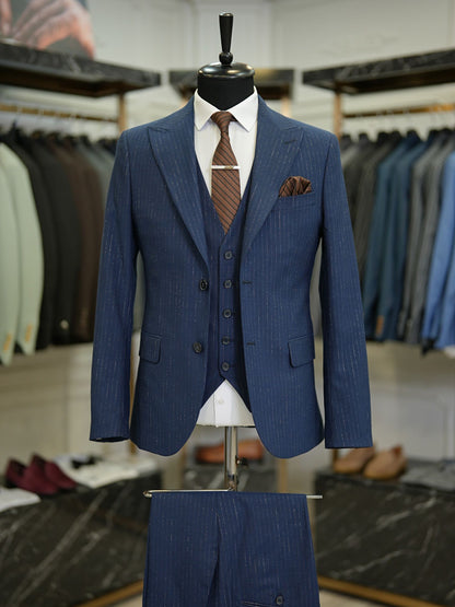 Brabion Maison Navy Blue Slim Fit Striped Suit