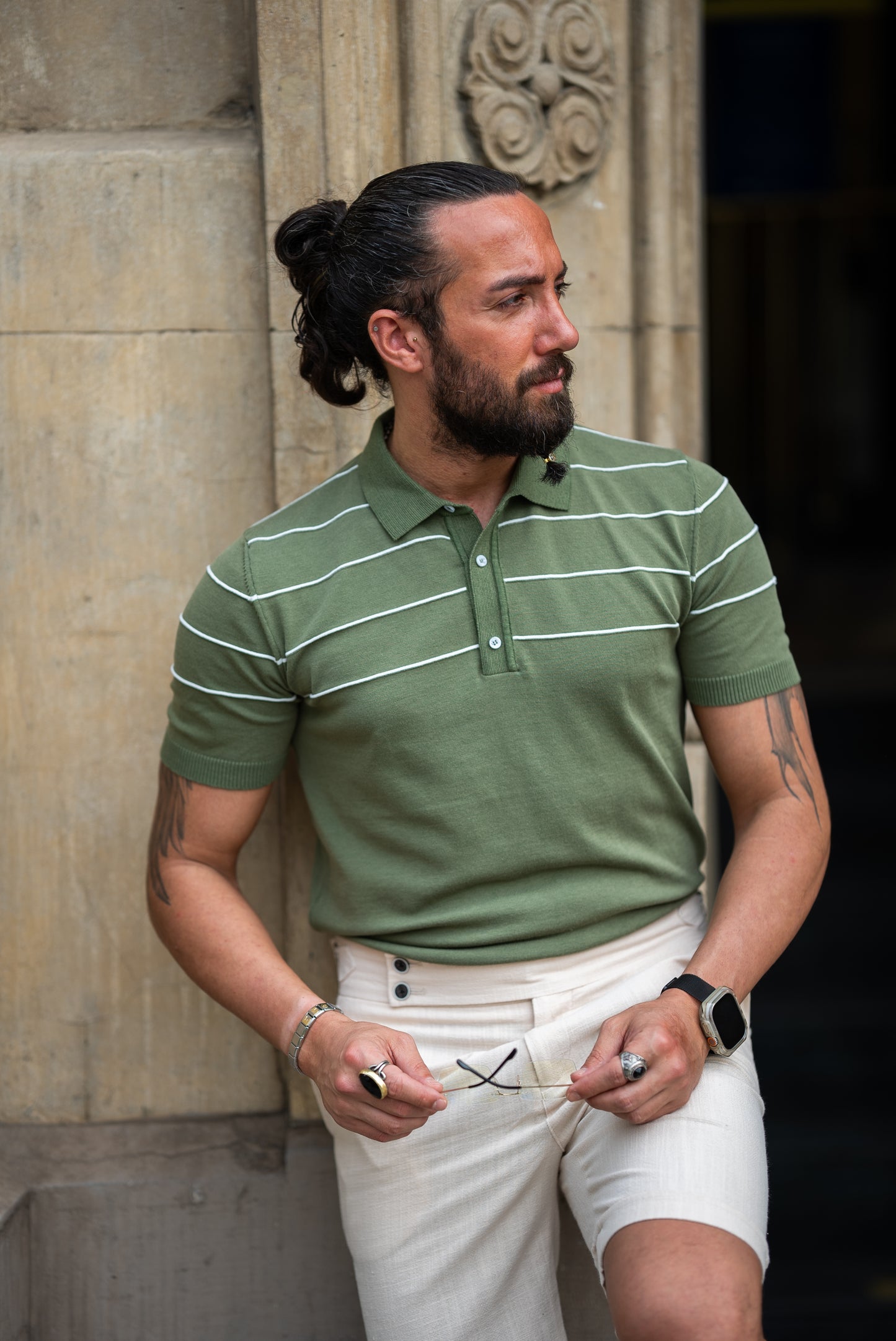 Brabion Maison Slim Fit Striped Green Polo Shirt