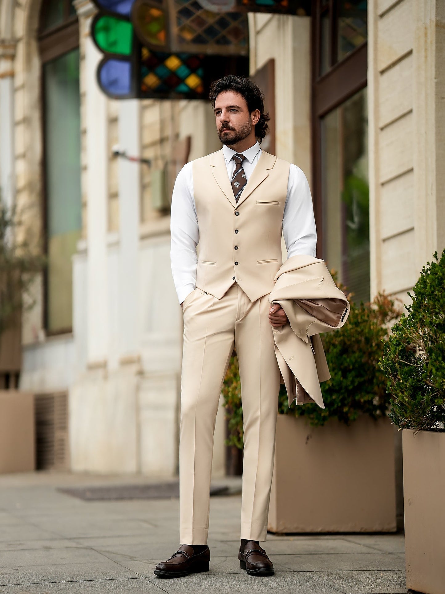 Beige Slim-Fit Suit 3-Piece VIOSSI