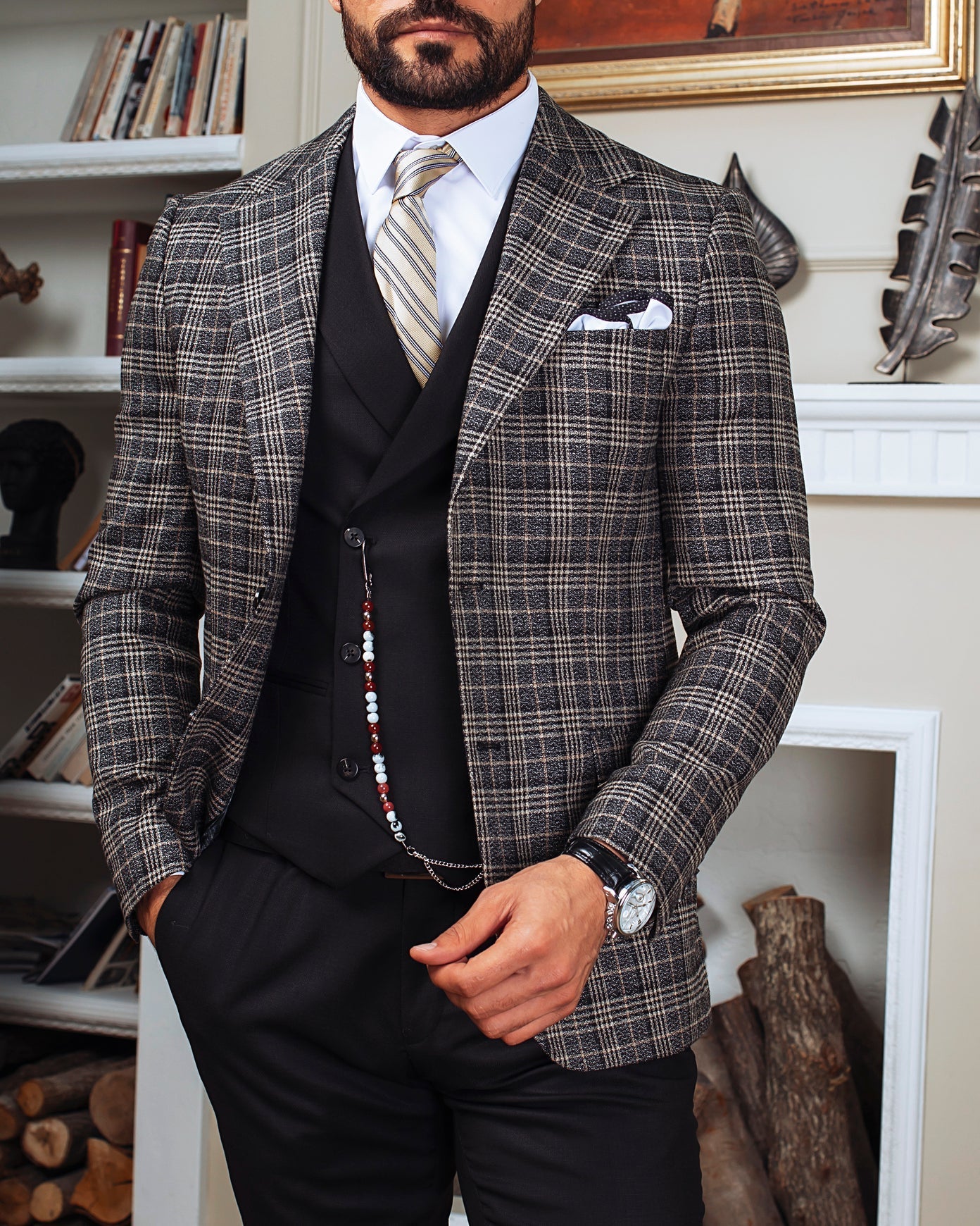 Grey Plaid Slim-Fit Suit 3-Piece VIOSSI