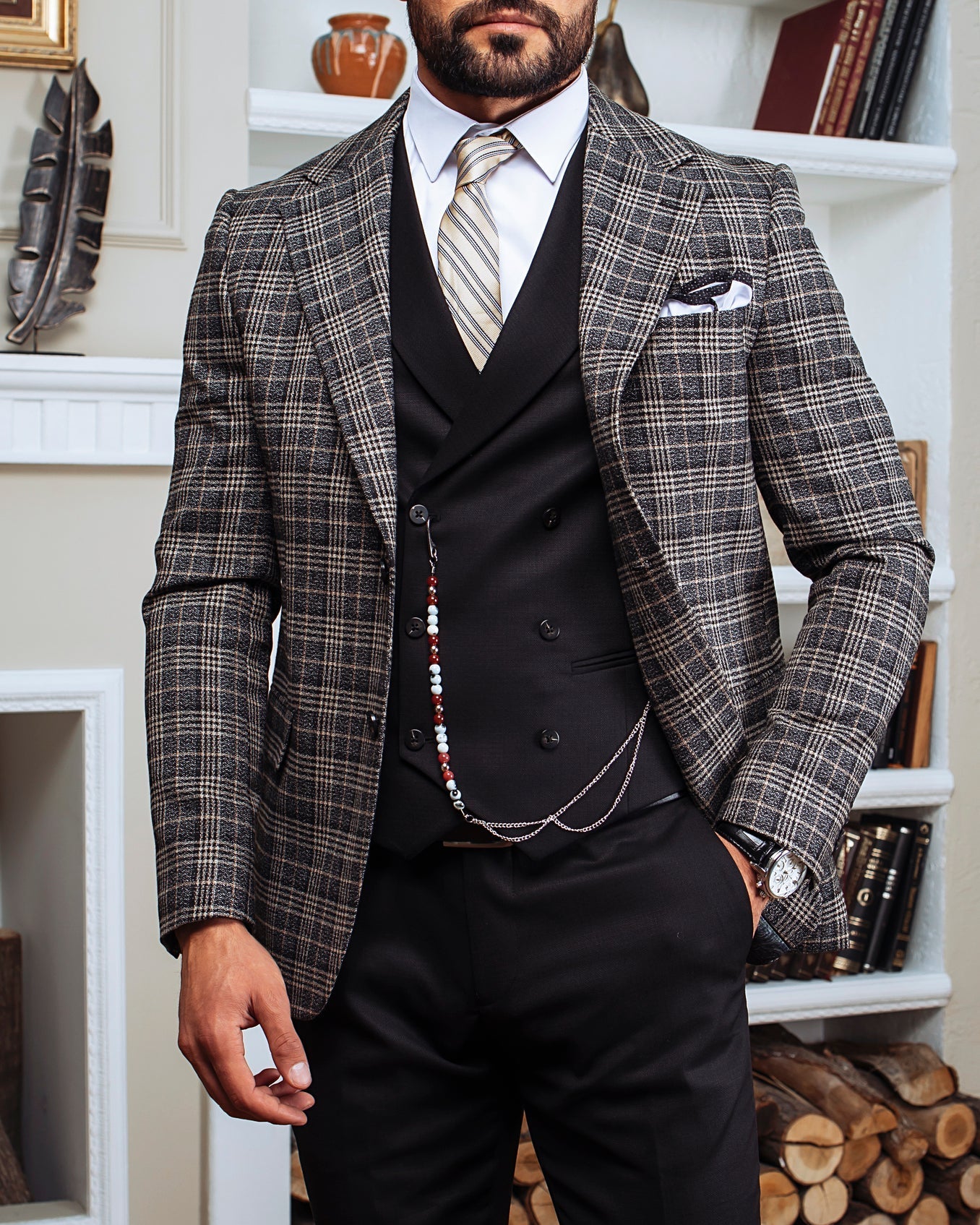 Grey Plaid Slim-Fit Suit 3-Piece VIOSSI