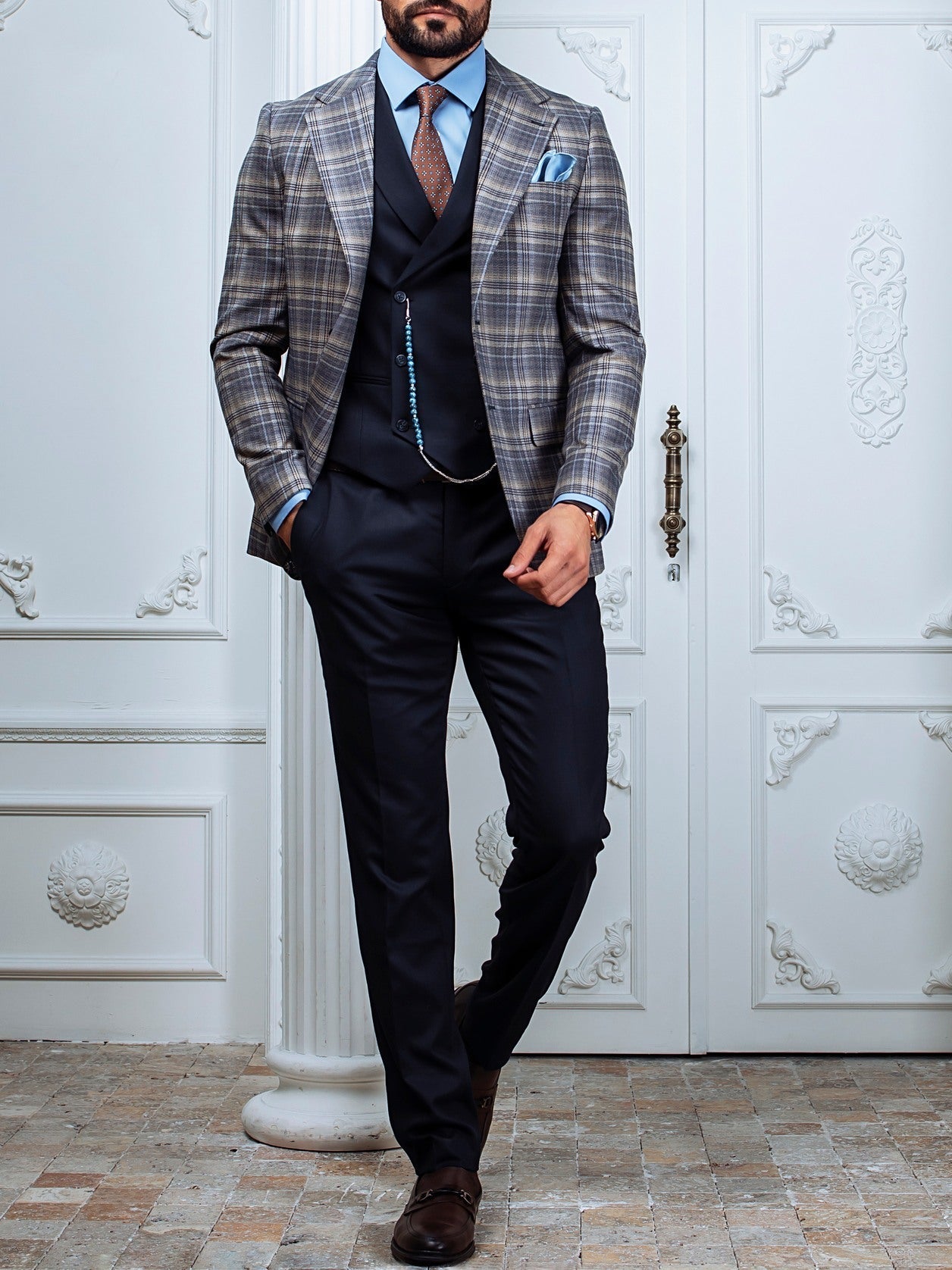 Grey Plaid Slim-Fit Suit 3-Piece VIOSSI