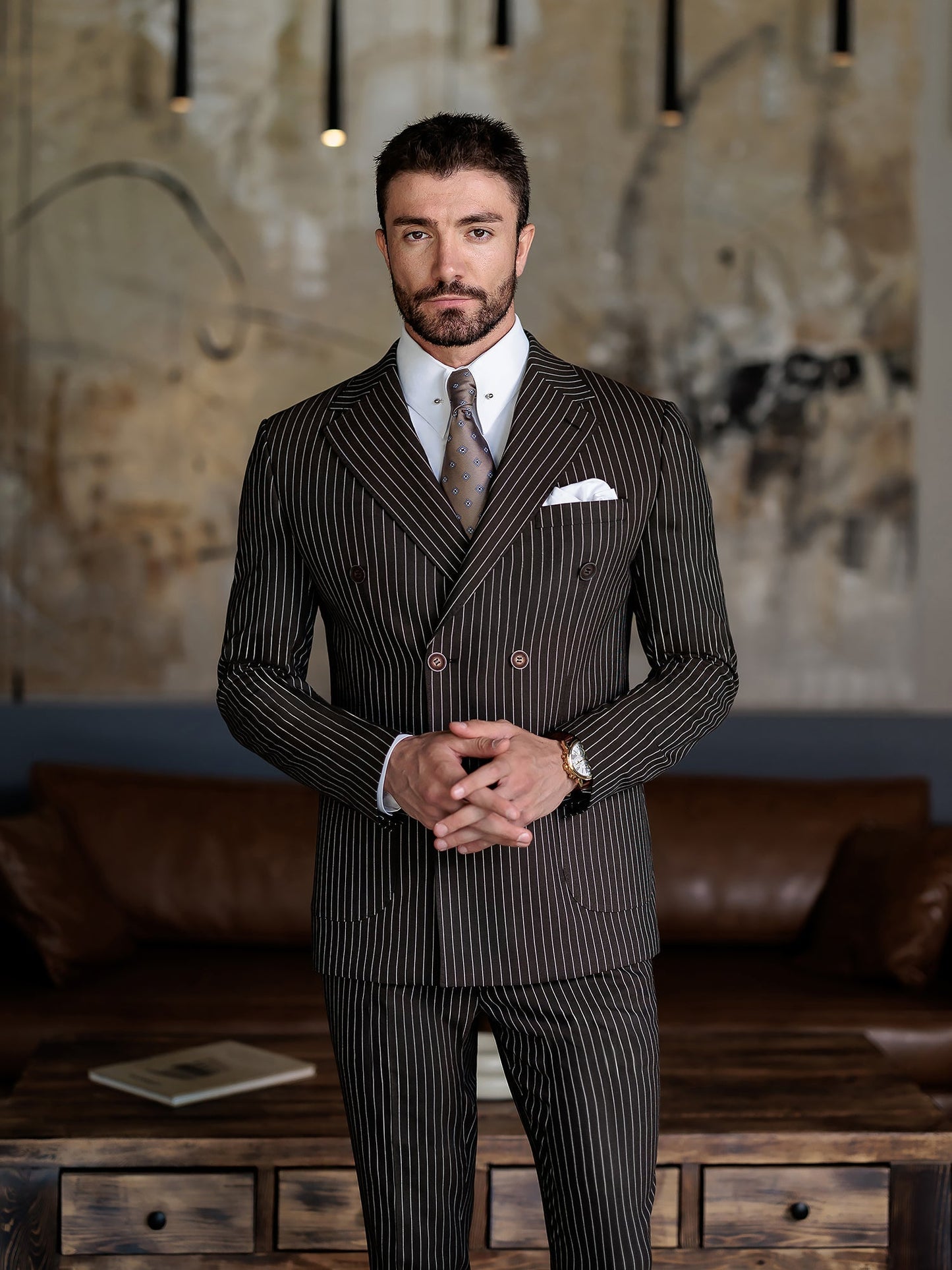 Brown Striped Double Breasted Suit 2-Piece VIOSSI