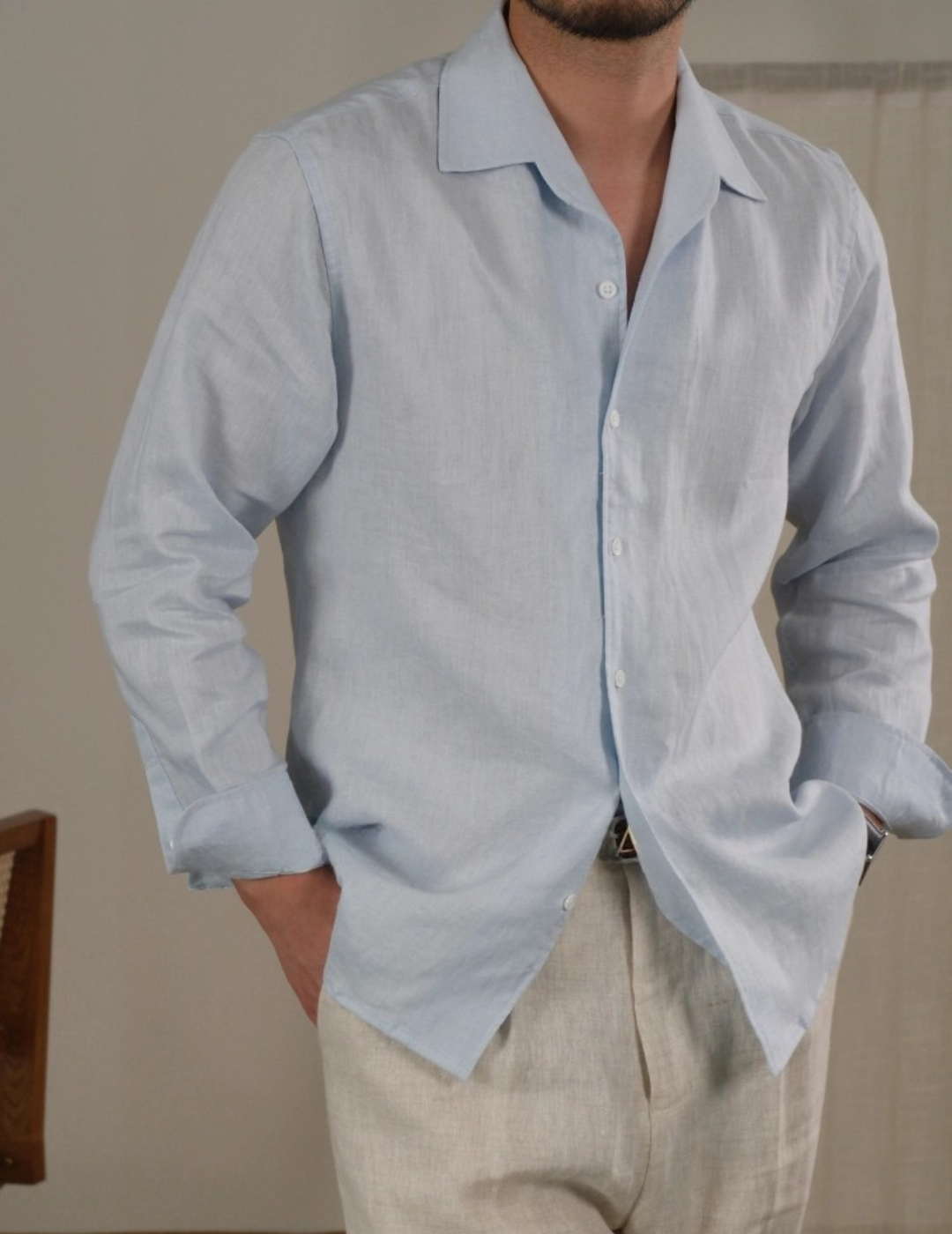 Men's Linen Cuban Collar Long Sleeve Shirt