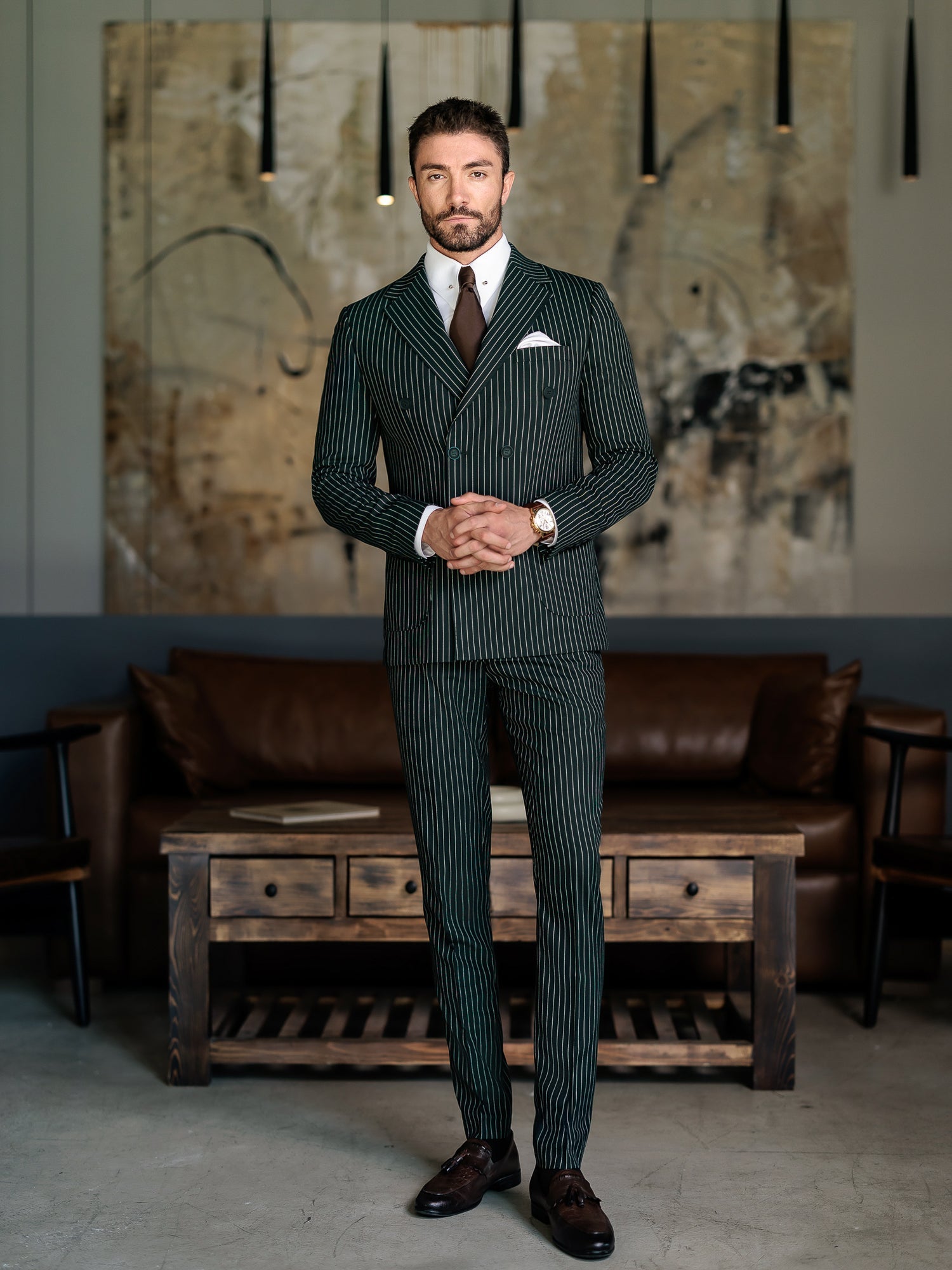 Green Striped Double Breasted Suit 2-Piece VIOSSI