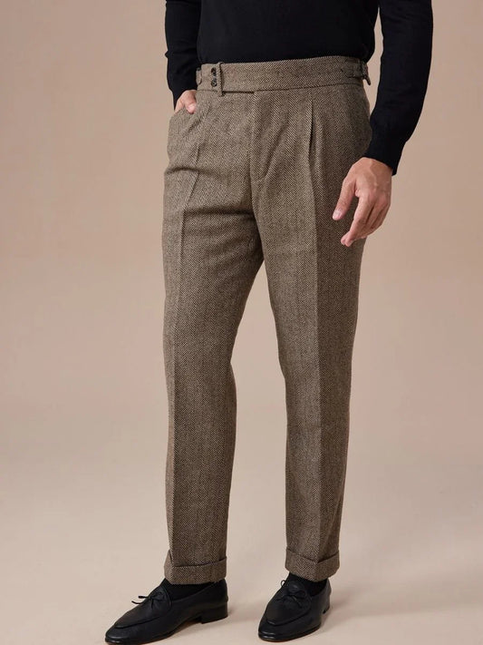 Men's Herringbone Wool Pleated Pants