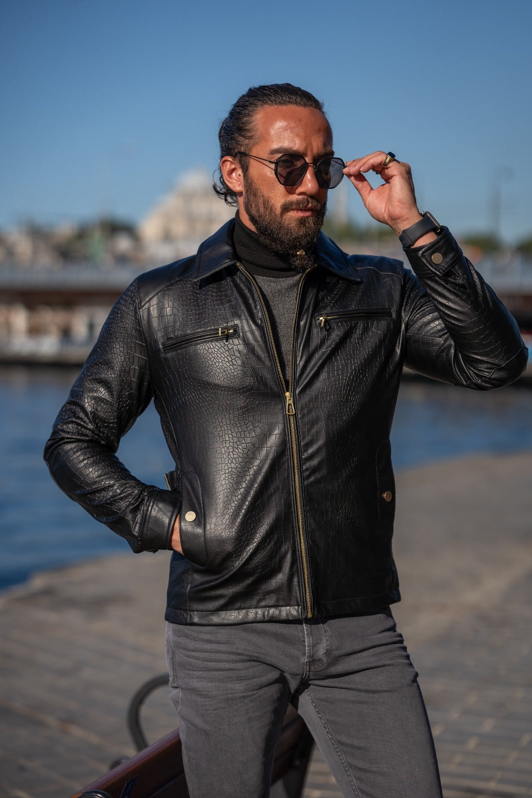 Black slim discount fit leather jacket