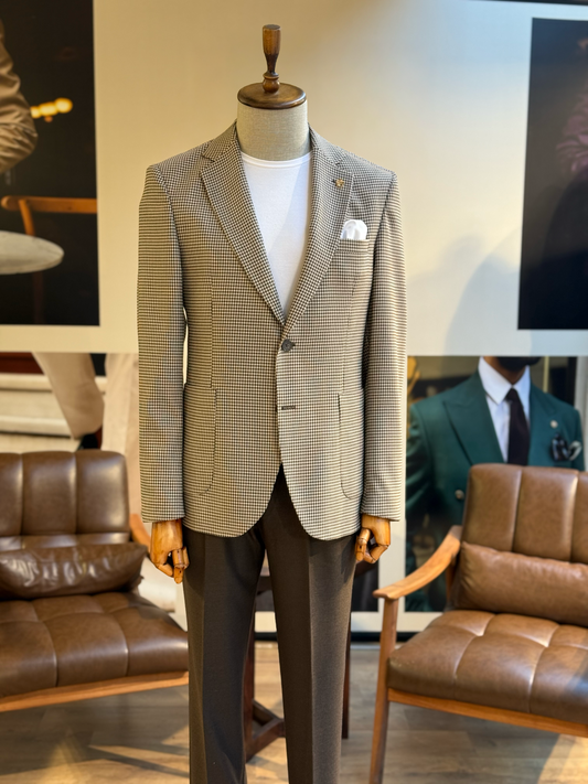 Brown Houndstooth Single Breasted Blazer - BRABION