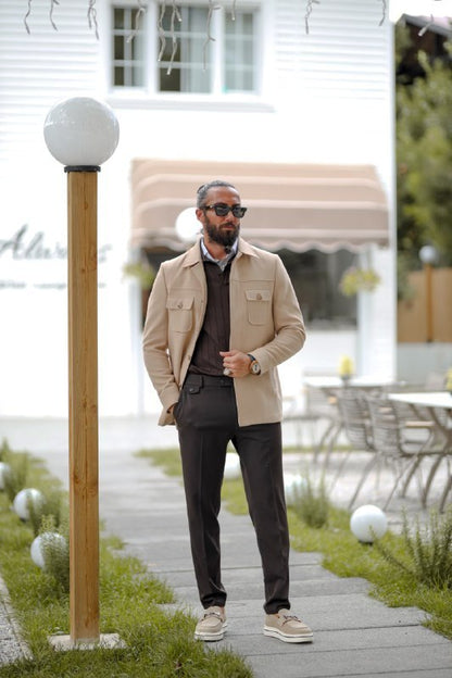 Men’s Beige Short Cashmere Coat with Pocket Detail