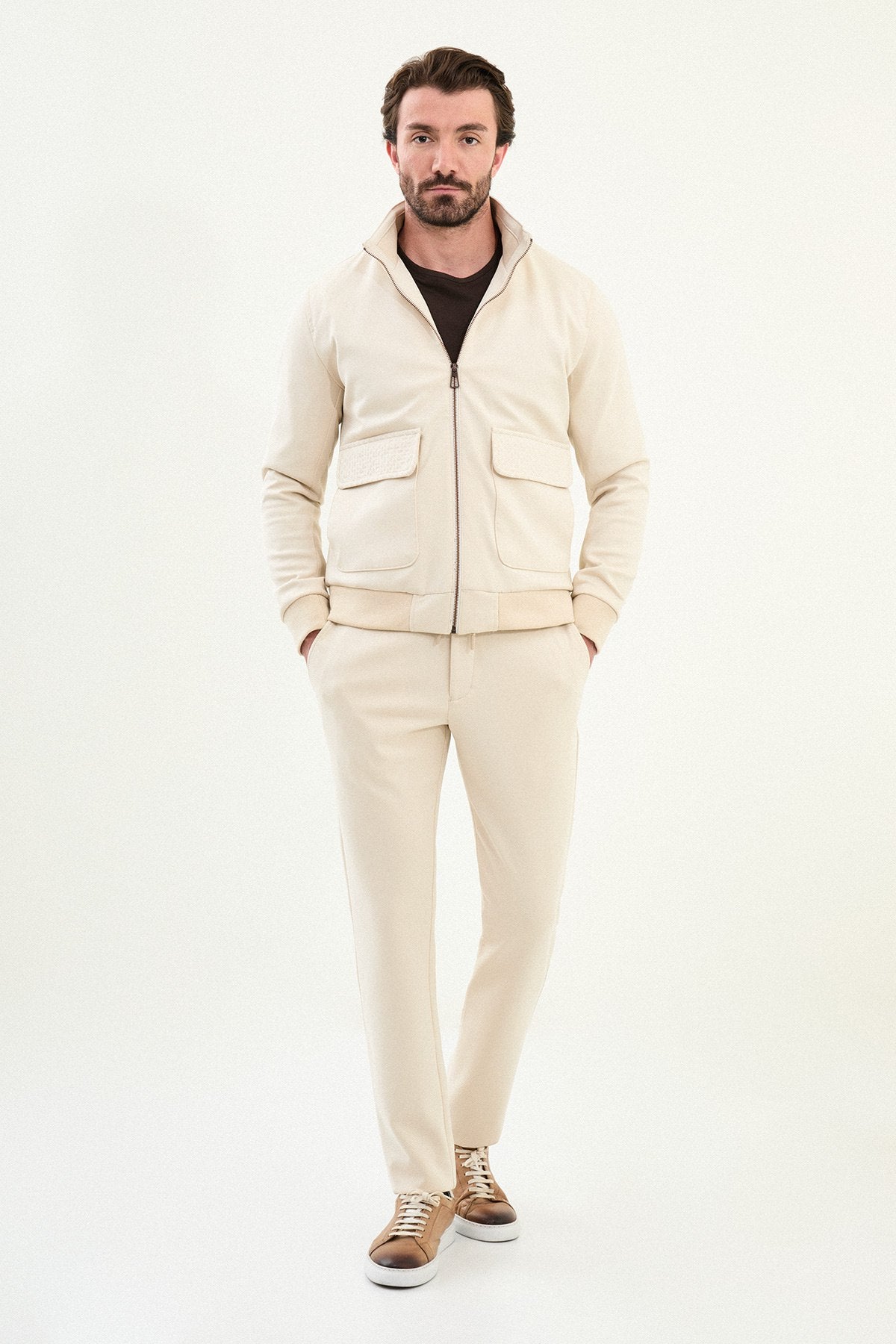 Men’s Beige Slim Fit Knitwear Zip Jacket