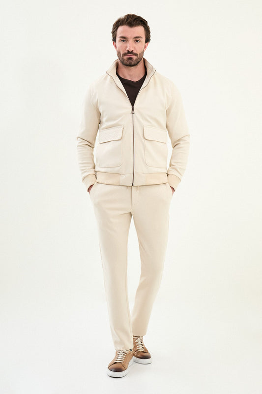 Men’s Beige Slim Fit Knitwear Zip Jacket