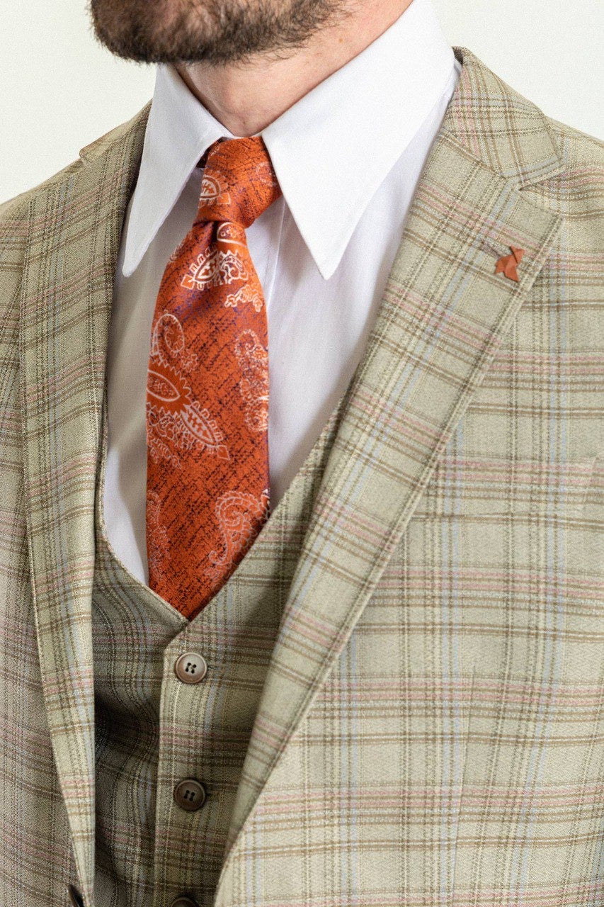 Brabion Elio Camel Orange Slim Fit Notch Lapel 3 Piece Plaid Suit