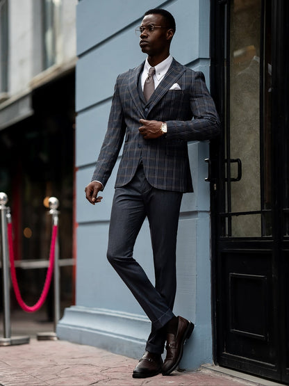 Navy Plaid Slim-Fit Suit 3-Piece VIOSSI