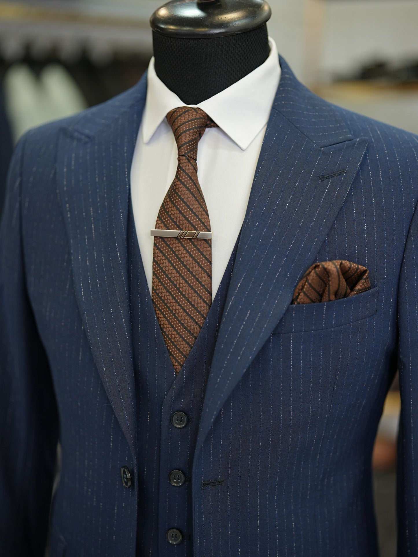 Brabion Maison Navy Blue Slim Fit Striped Suit