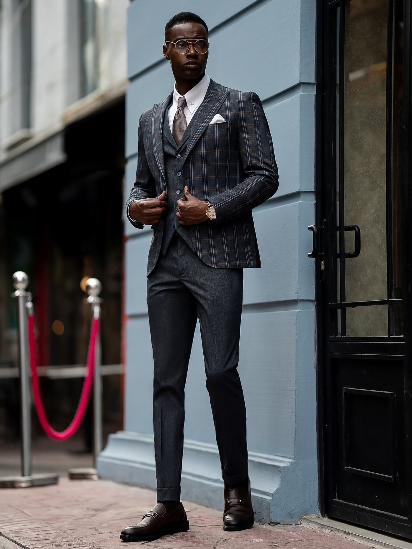 Navy Plaid Slim-Fit Suit 3-Piece VIOSSI