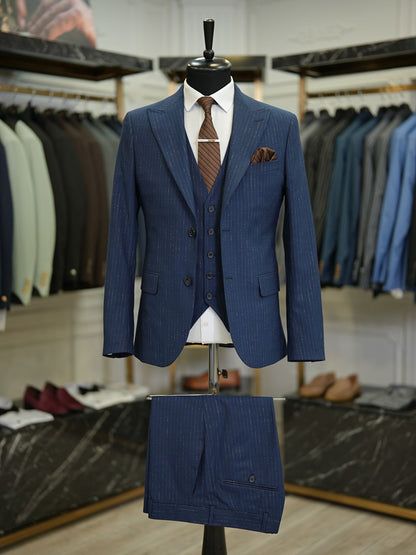 Brabion Maison Navy Blue Slim Fit Striped Suit