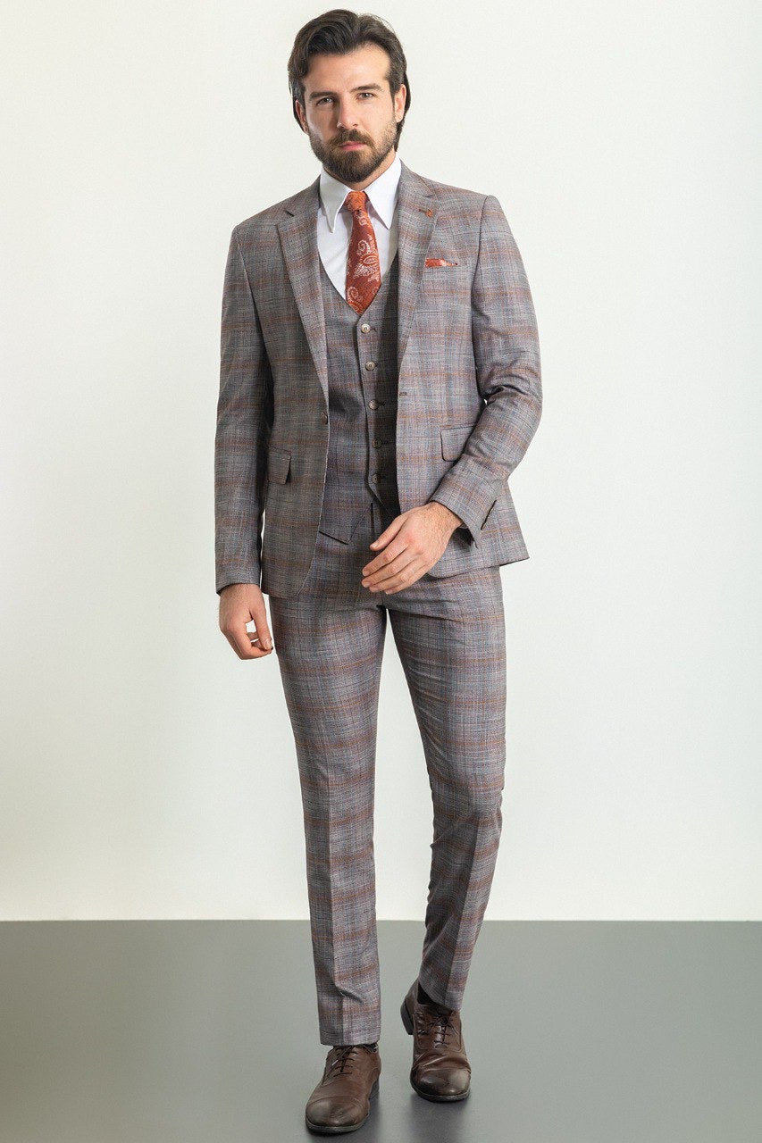 Brabion Rocco Orange Slim Fit Notch Lapel 3 Piece Crosshatch Plaid Suit