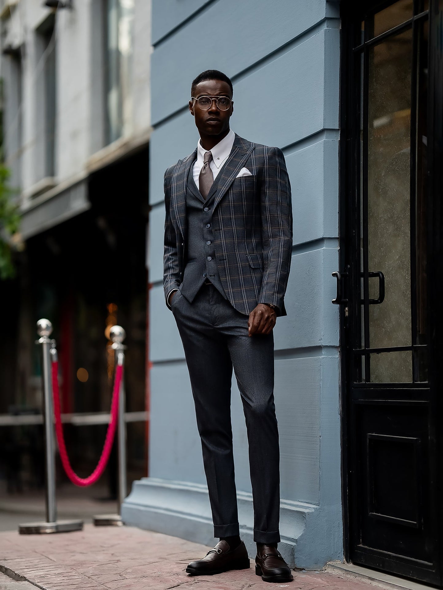 Navy Plaid Slim-Fit Suit 3-Piece VIOSSI