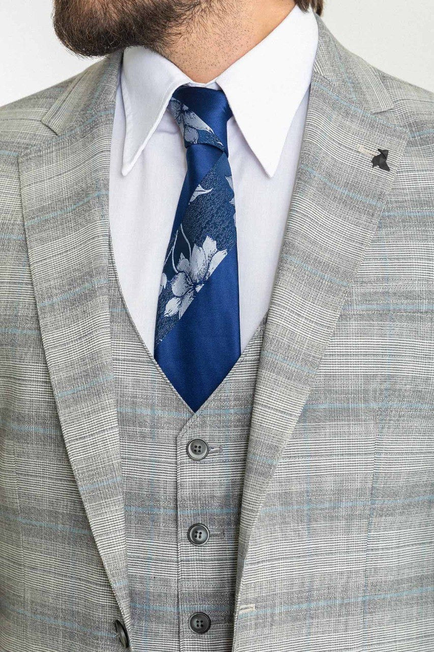 Brabion Rocco Gray Blue Slim Fit Notch Lapel 3 Piece Crosshatch Plaid Suit