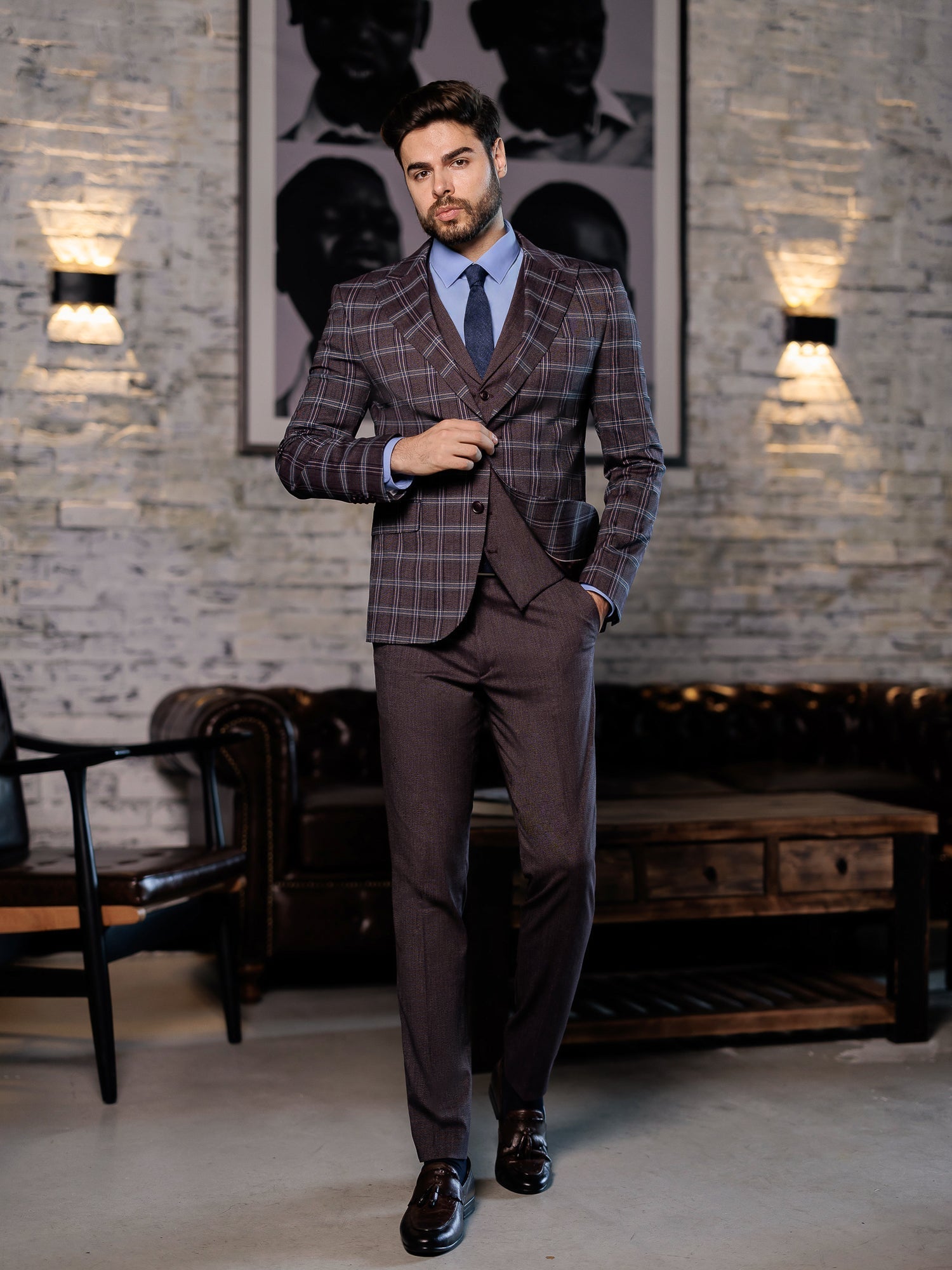 Bordeaux Plaid Slim-Fit Suit 3-Piece VIOSSI