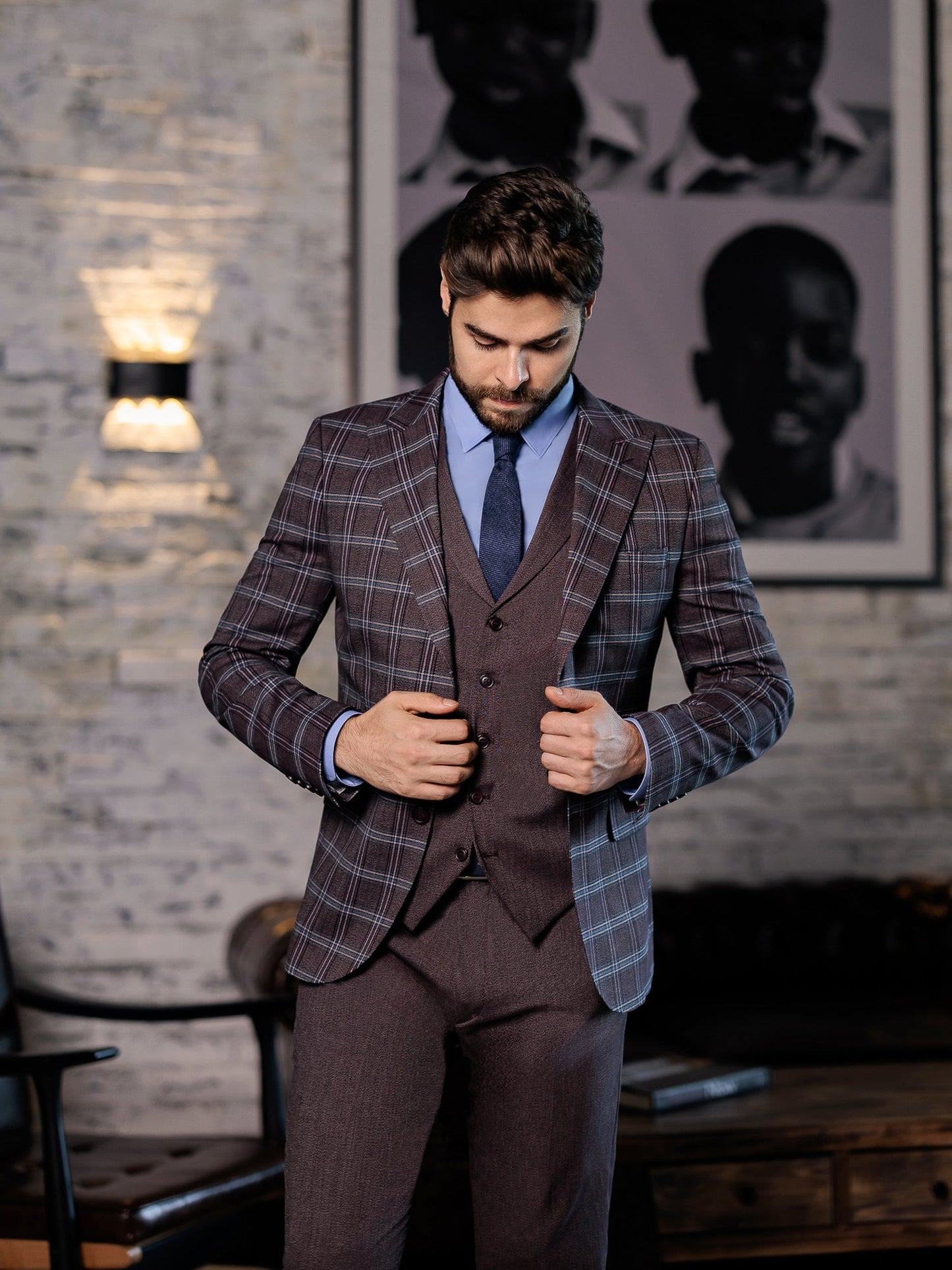 Bordeaux Plaid Slim-Fit Suit 3-Piece VIOSSI