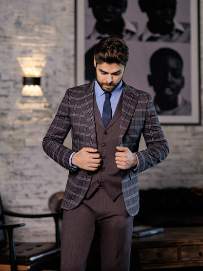 Bordeaux Plaid Slim-Fit Suit 3-Piece VIOSSI