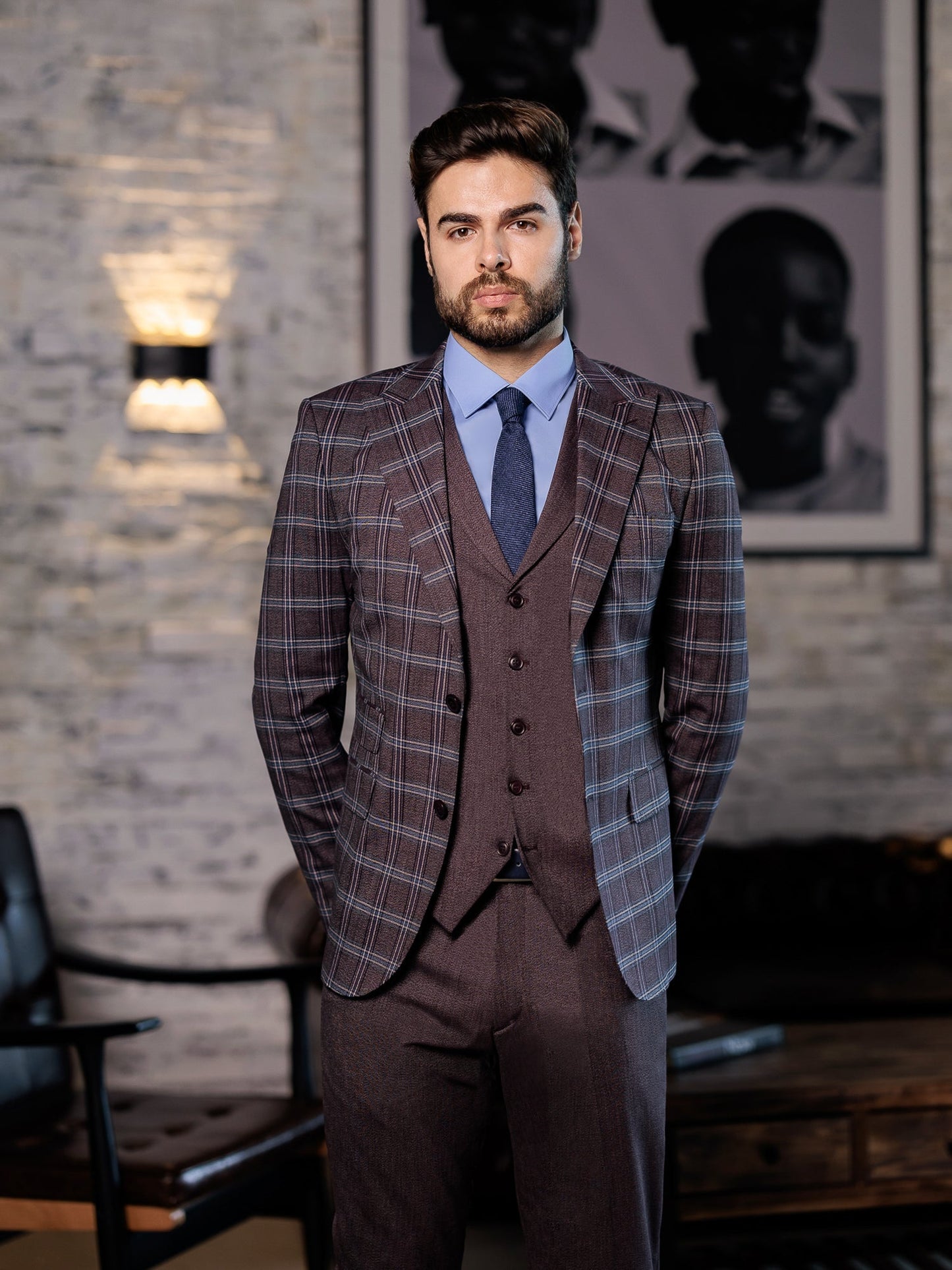 Bordeaux Plaid Slim-Fit Suit 3-Piece VIOSSI