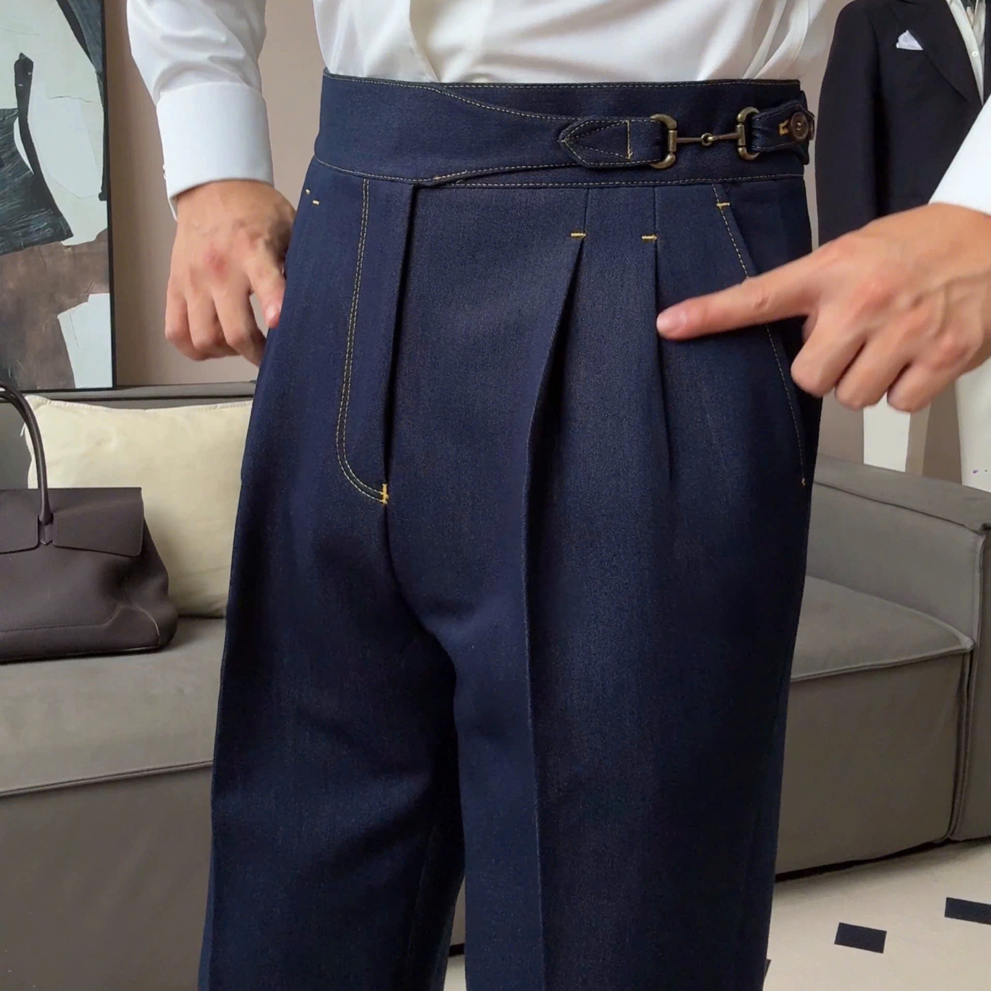 Gurkha Double-Pleat Denim Trousers