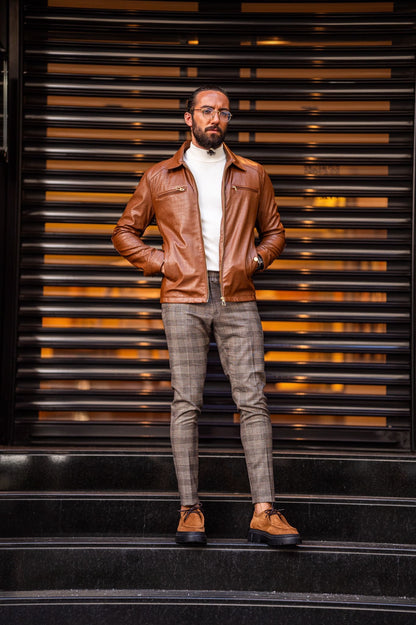 Paris Tan Slim Fit Zipper Leather Jacket