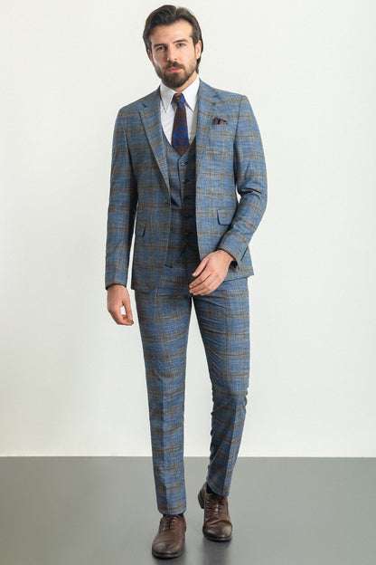 Brabion Rocco Navy Blue Slim Fit Notch Lapel 3 Piece Crosshatch Plaid Suit